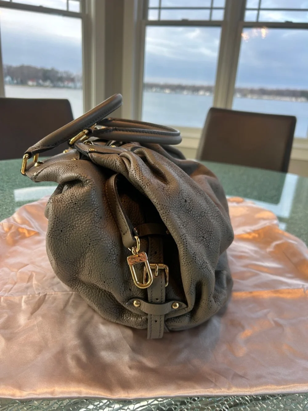 Louis Vuitton Mahina Gray Perforated Leather Hobo with Gold Hardware - Picture 2 of 5